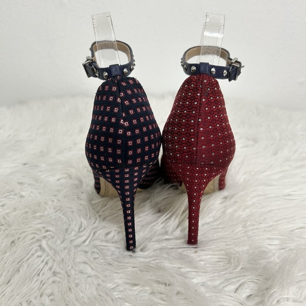 Sam Edelman Two-Tone Embellished Ankle-Strap Pointed Heels in Red and Navy - Picture 5 of 11